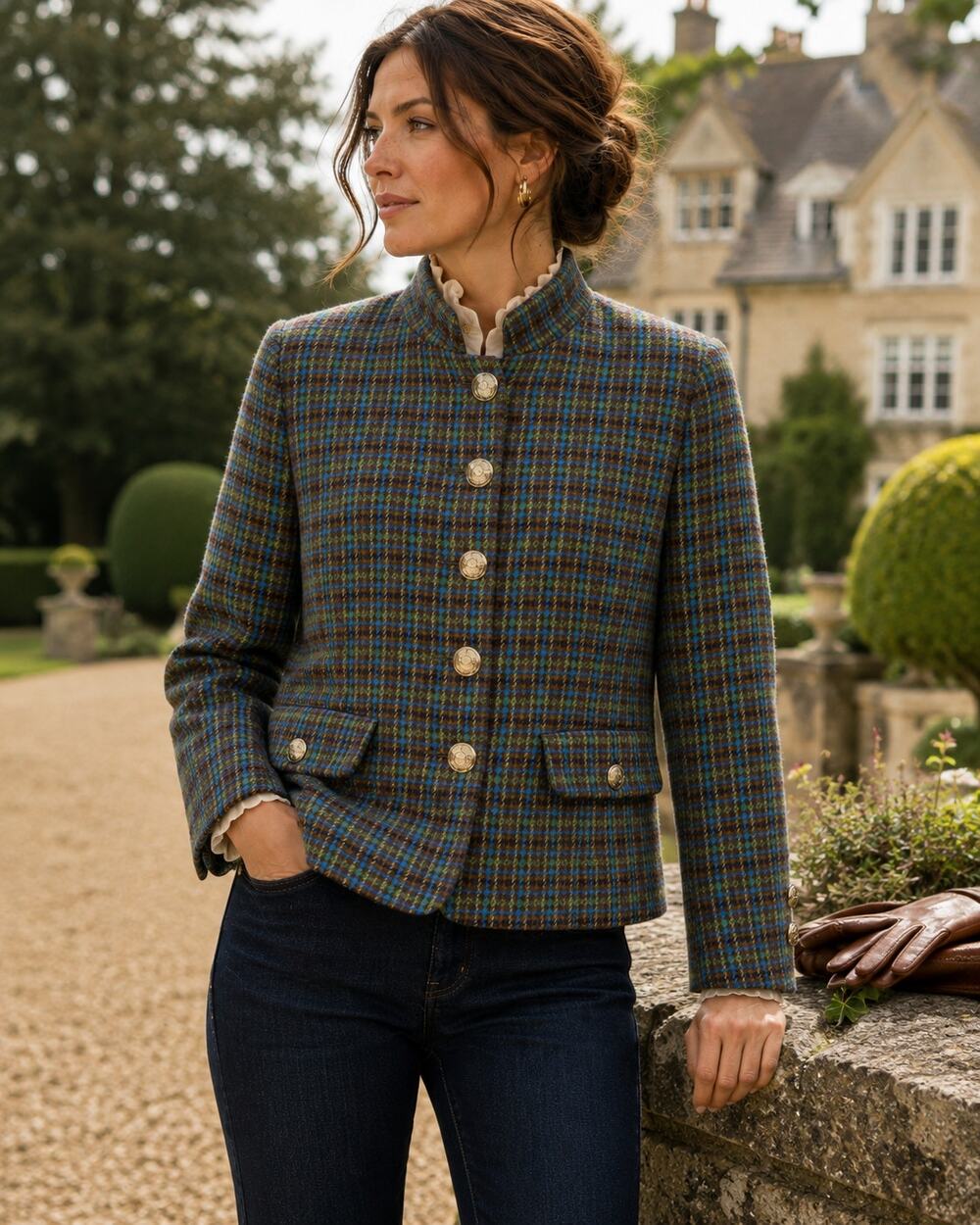 Talbots Wool Tweed Plaid Jacket 12 Gold Crest Buttons Equestrian Preppy